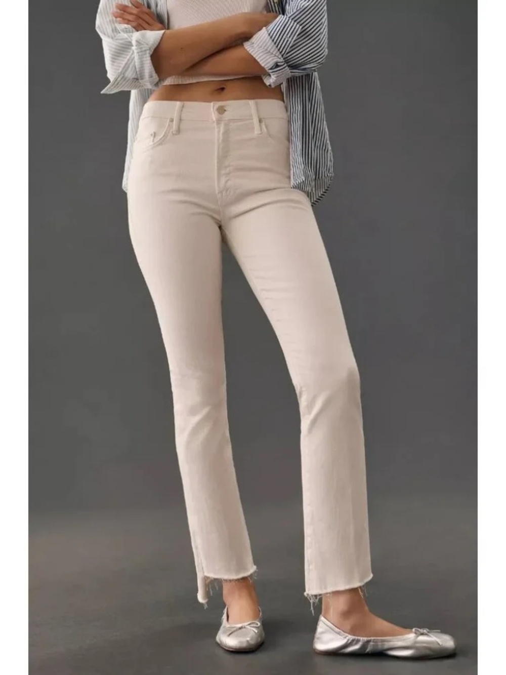 Mother Insider Crop Step Fray in Cream Puffs Ivory Stretch Jeans - 28